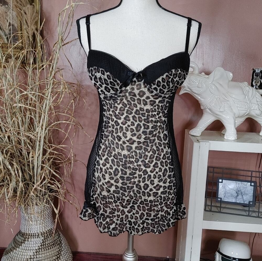 Rampage Intimates Size Large L Cheetah Print Lingerie Black Sexy Sheer Bra Bow